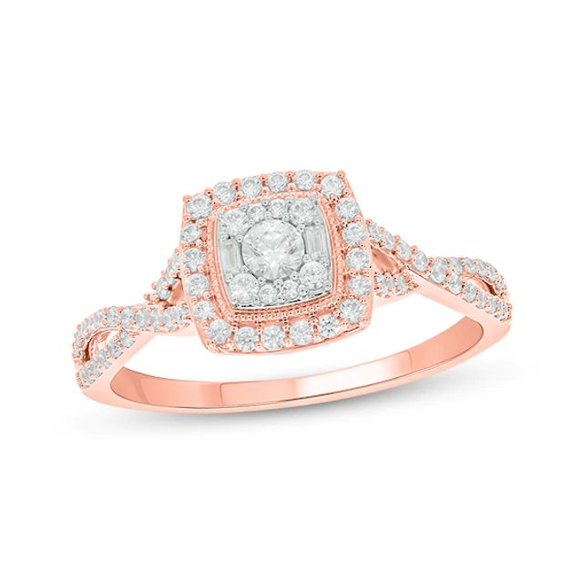 Baguette & Round-Cut Multi-Diamond Center Cushion-Shaped Engagement Ring 1/2 ct tw 14K Rose Gold