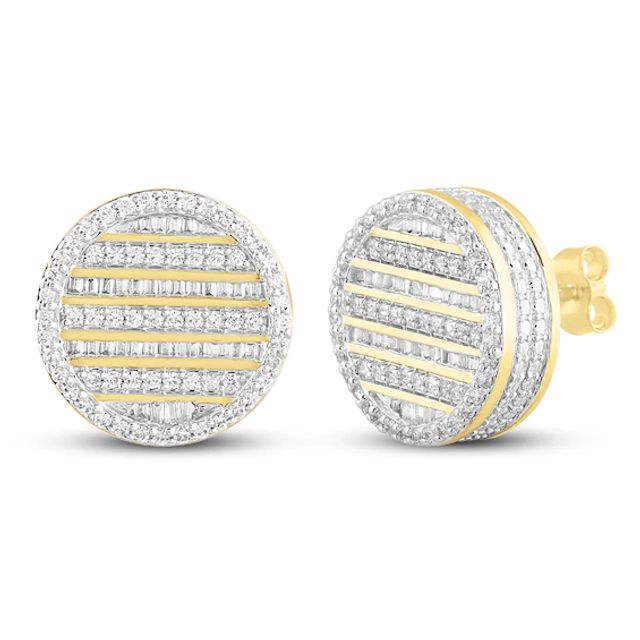 Men's Diamond Earrings 1 ct tw Round & Baguette 10K Yellow Gold