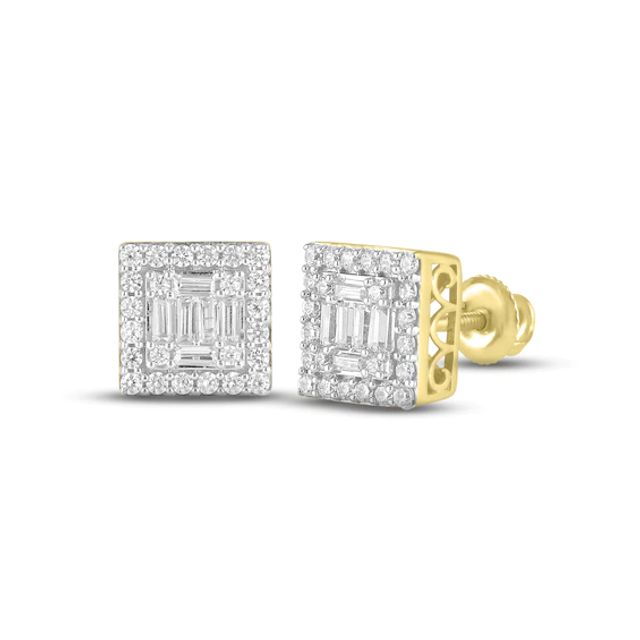Men's Diamond Square Earrings 1/2 ct tw Baguette & Round-cut 10K Yellow Gold