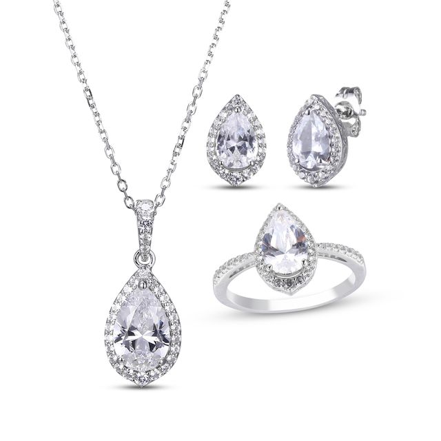 Pear-Shaped & Round-Cut White Lab-Created Sapphire Stud Earrings, Necklace & Ring Gift Set Sterling Silver 18" - Size 7