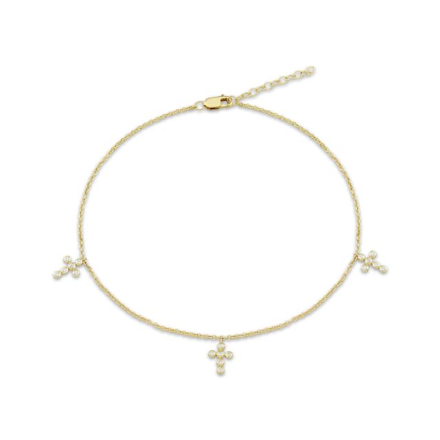 Round-Cut Diamond Cross Drop Anklet 1/10 ct tw 10K Yellow Gold 10"