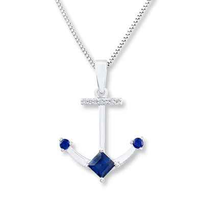 Diamond Anchor Necklace Lab-Created Sapphires Sterling Silver