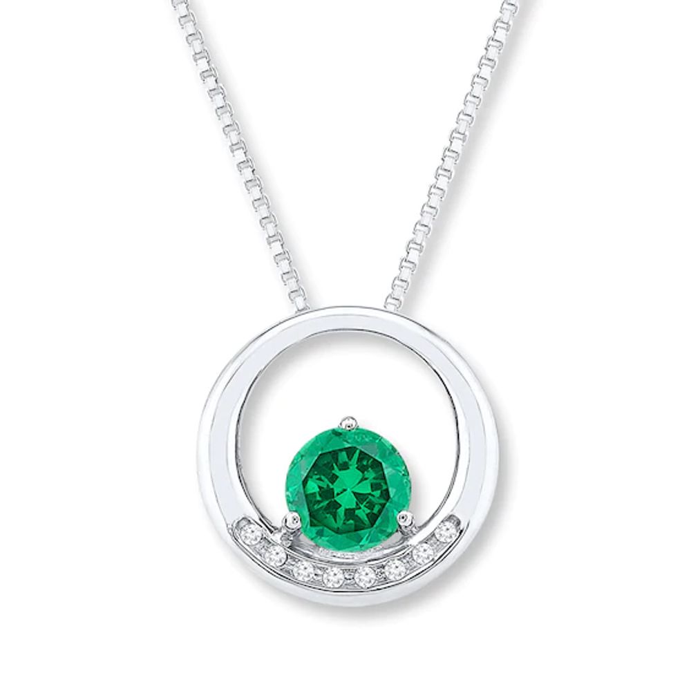 Lab-Created Emerald Necklace 1/20 cttw Diamonds Sterling Silver