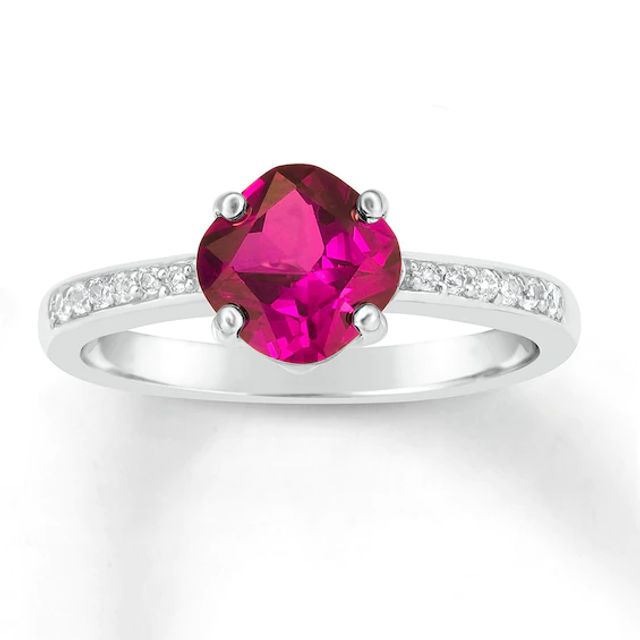 Lab-Created Ruby Five Stone Wavy Ribbon Ring in 10K Gold | Peoples Jewellers