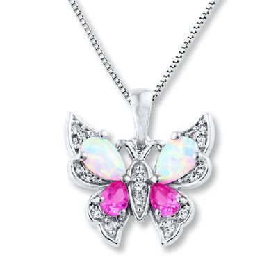 Lab-Created Opal Butterfly Necklace Sterling Silver 18"