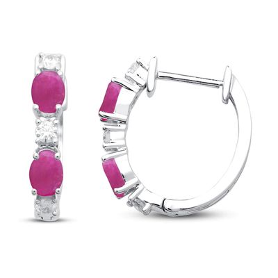 Lab-Created Ruby & Lab-Created White Sapphire Hoop Earrings Sterling Silver