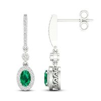 Emerald Dangle Earrings 1/6 ct tw Diamonds 10K White Gold