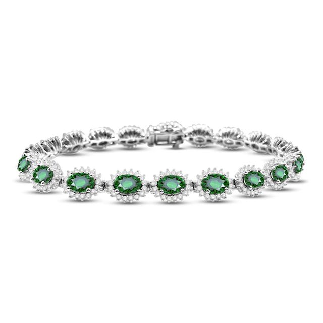 Lab-Created Emerald & White Lab-Created Sapphire Bracelet Sterling Silver 7.25"