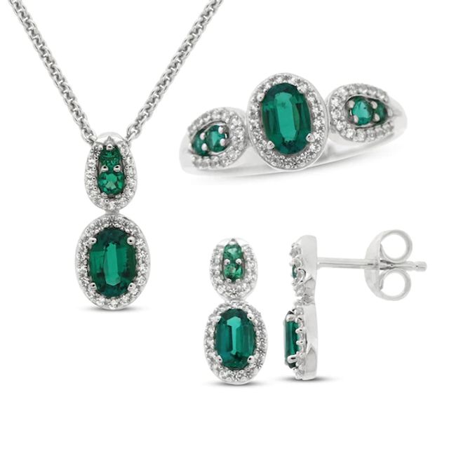Lab-Created Emerald & White Lab-Created Sapphire Boxed Set Sterling Silver - Size 7
