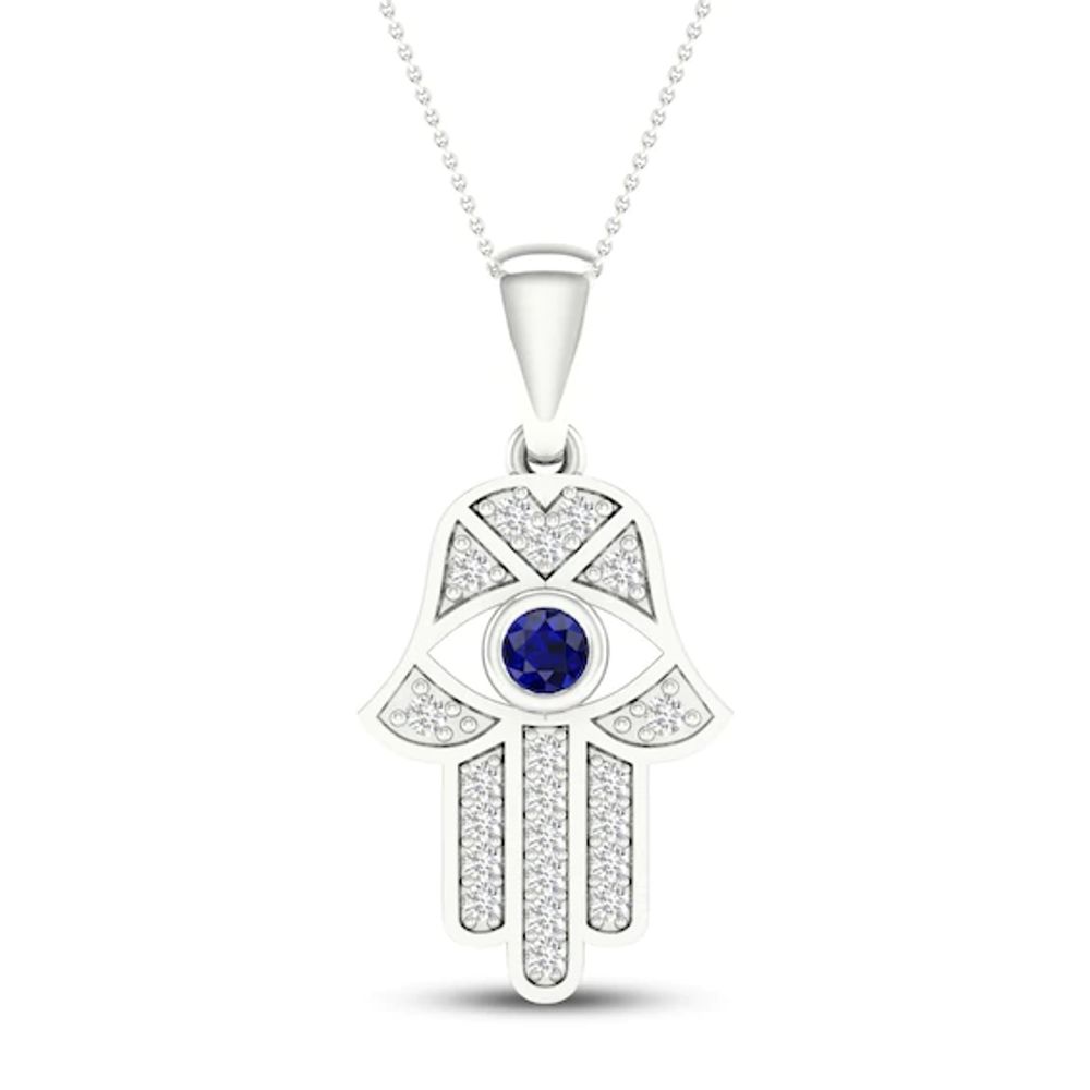 Blue/White Lab-Created Sapphire Hamsa Necklace Sterling Silver 18"