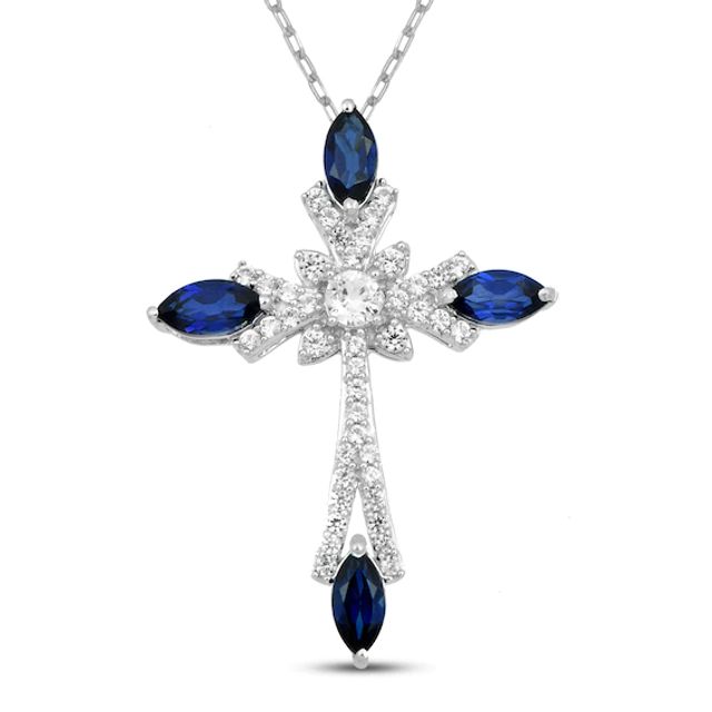 Marquise-Cut Blue Lab-Created Sapphire & White Lab-Created Sapphire Cross Necklace Sterling Silver 18"