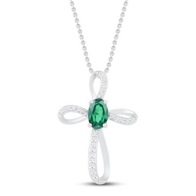 Lab-Created Emerald & White Lab-Created Sapphire Cross Necklace Sterling Silver 18"