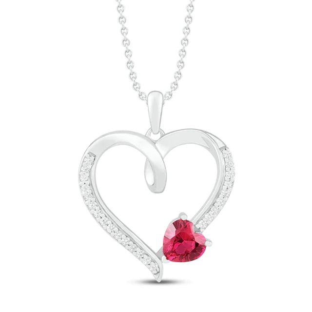 Lab-Created Ruby & White Lab-Created Sapphire Heart Necklace Sterling Silver 18"