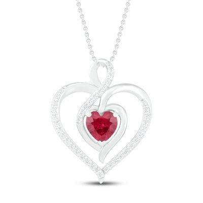 Lab-Created Ruby & White Lab-Created Sapphire Heart Necklace Sterling Silver 18"