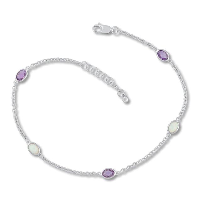 Amethyst / Lab-Created Opal / White Lab-Created Sapphire Anklet Sterling Silver 9"