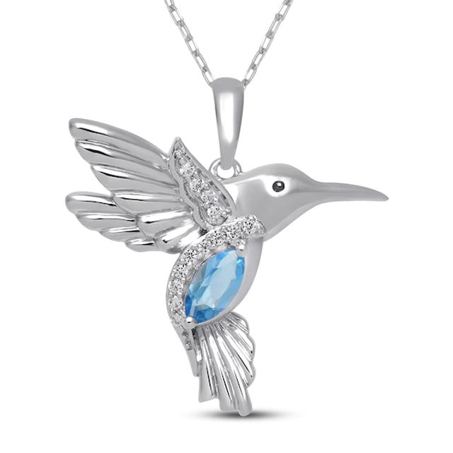 Blue Topaz & White Lab-Created Sapphire Hummingbird Necklace Sterling Silver 18"