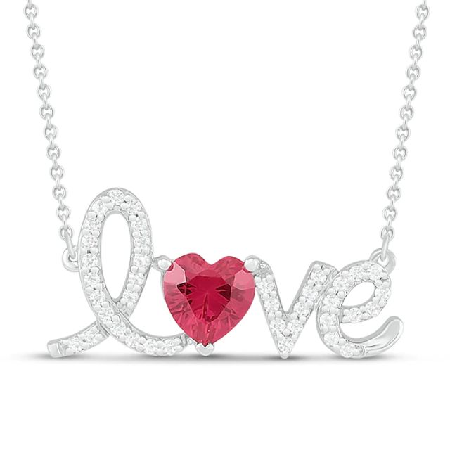 Lab-Created Ruby & White Lab-Created Sapphire Love Necklace Sterling Silver 18"