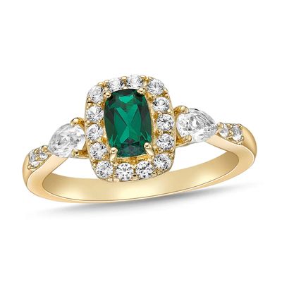 Lab-Created Emerald & White Lab-Created Sapphire Ring Sterling Silver/14K Yellow Gold Plating