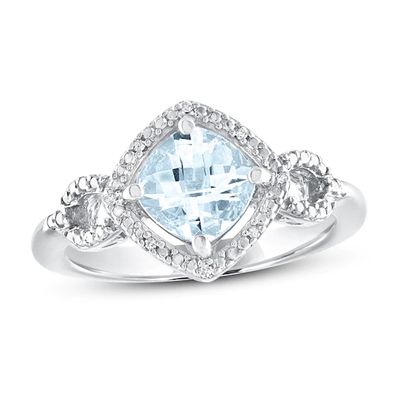 Aquamarine & Diamond Ring Cushion-Cut Sterling Silver