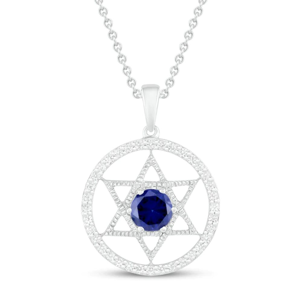 Blue/White Lab-Created Star of David Necklace Round-Cut Sterling Silver 18"