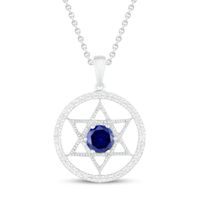 Blue/White Lab-Created Star of David Necklace Round-Cut Sterling Silver 18"