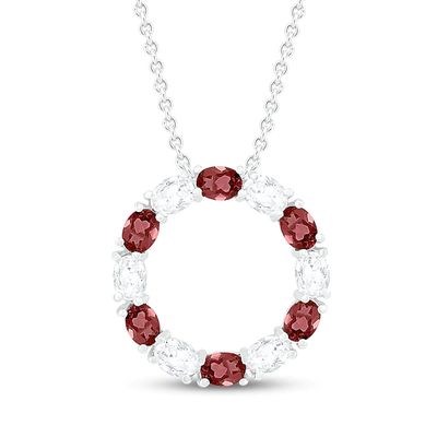 Garnet & White Lab-Created Sapphire Circle Necklace Sterling Silver 18"