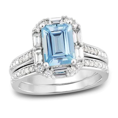Aquamarine & Diamond Ring 3/8 ct tw Emerald/Round/Baguette-Cut 10K White Gold