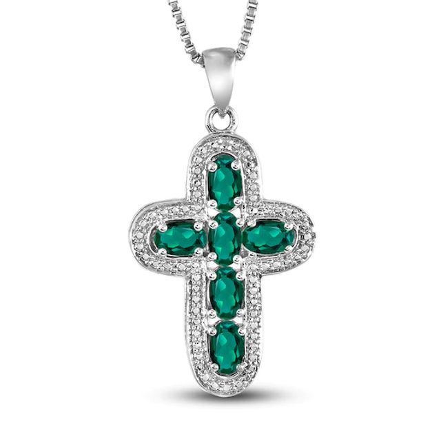 Lab-Created Emerald & Diamond Cross Necklace Sterling Silver 18"