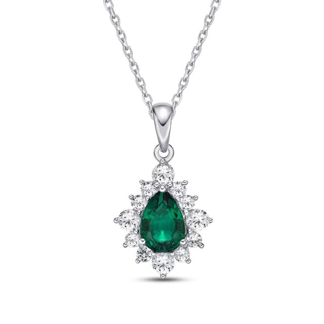 Lab-Created Emerald & White Lab-Created Sapphire Necklace Sterling Silver 18"