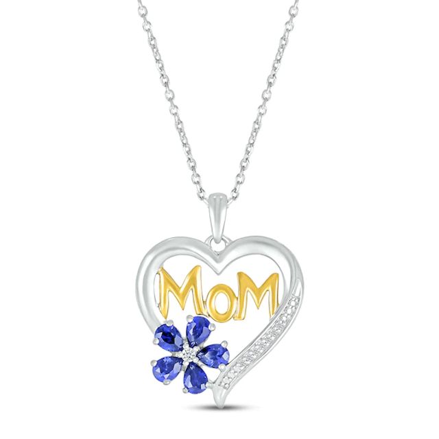 Blue Lab-Created Sapphire & Diamond "Mom" Heart Necklace 1/20 ct tw Round-cut Sterling Silver & 10K Yellow Gold 18"