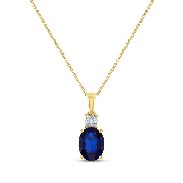 Oval-Cut Blue Lab-Created Sapphire & Diamond Necklace 10K Yellow Gold 18"