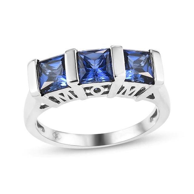 Square-Cut Blue Lab-Created Sapphire "Mom" Ring Sterling Silver