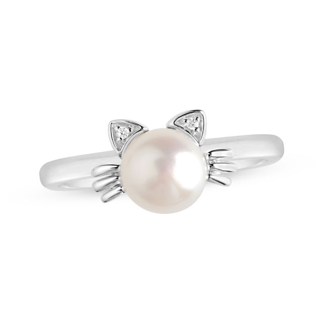Cultured Pearl & White Lab-Created Sapphire Cat Ring Sterling Silver