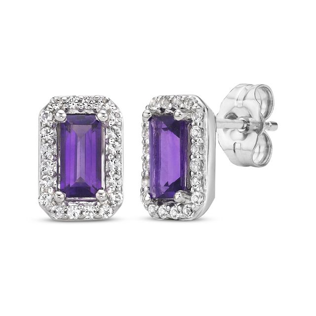 Baguette-Cut Amethyst & White Topaz Earrings 10K White Gold