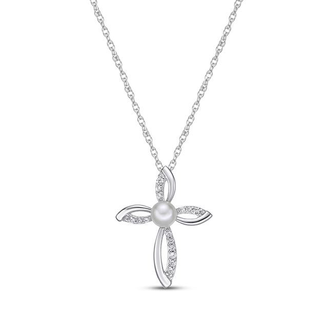 Cultured Pearl & White Lab-Created Sapphire Cross Necklace Sterling Silver 18"