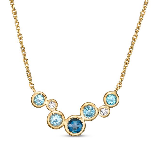 Round-Cut Blue Topaz & Diamond Bezel Necklace 10K Yellow Gold 18"