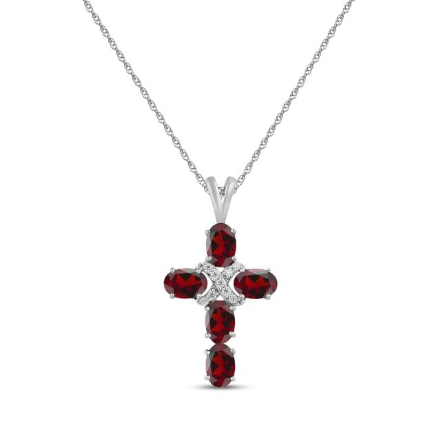 Oval-Cut Garnet & White Lab-Created Sapphire Cross Necklace Sterling Silver 18"