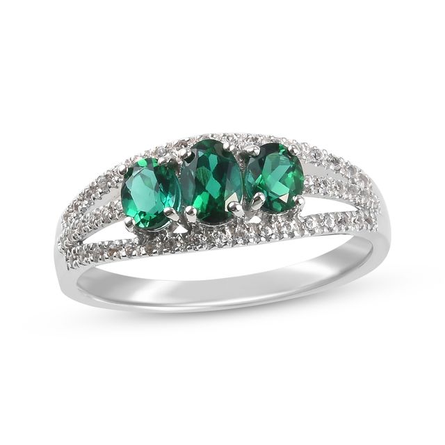 Oval-Cut Lab-Created Emerald & Round-Cut White Lab-Created Sapphire Ring 10K White Gold