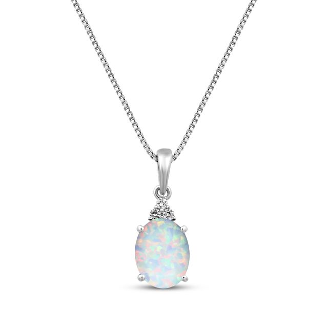 Oval-Cut Lab-Created Opal & White Lab-Created Sapphire Drop Necklace Sterling Silver 18”