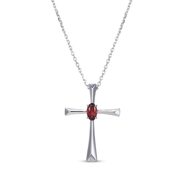 Oval-Cut Garnet Cross Necklace Sterling Silver 18”