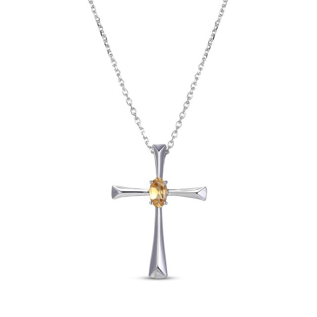 Oval-Cut Citrine Cross Necklace Sterling Silver 18”