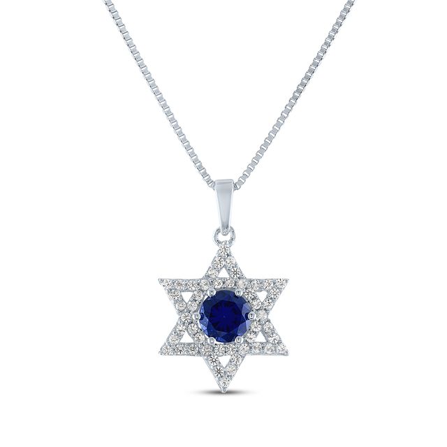 Round-Cut Blue & White Lab-Created Sapphire Star of David Necklace Sterling Silver 18"