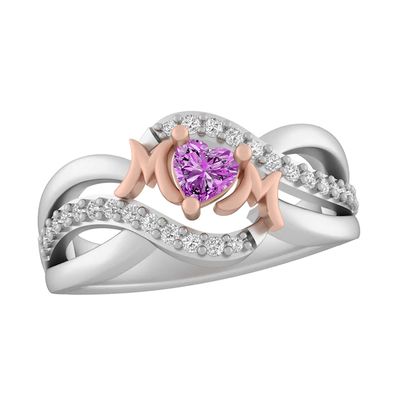 Sterling Silver/10K Birthstone MOM Heart Ring (1 Stone)