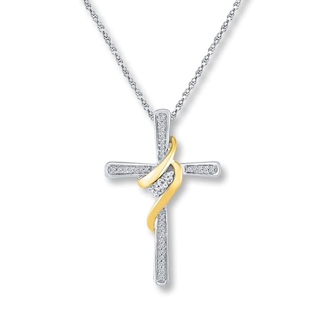 Cross Necklace 1/5 ct tw Diamonds Sterling Silver & 10K Yellow Gold 18"
