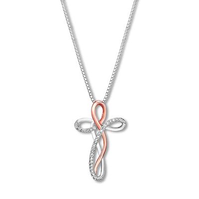 Diamond Cross Necklace 1/10 ct tw Sterling Silver & 10K Rose Gold 18"