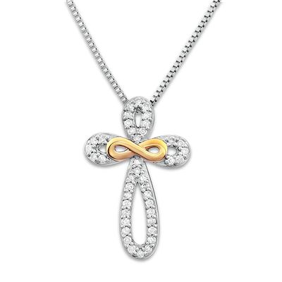 Cross Necklace 1/8 ct tw Diamonds Sterling Silver & 10K Yellow Gold 18"