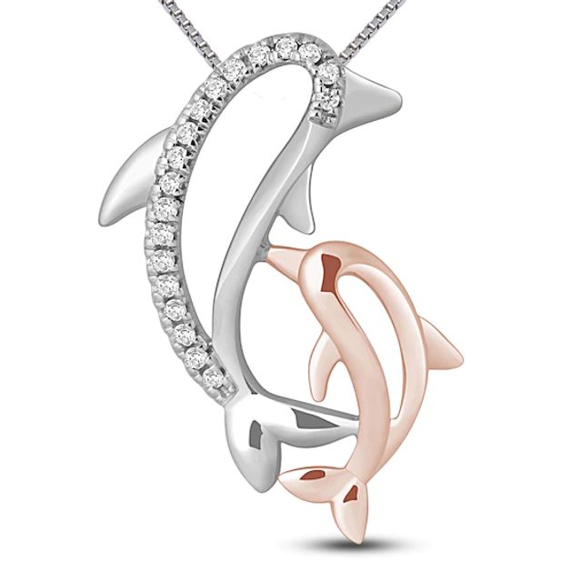 Diamond Dolphin Necklace 1/20 ct tw Sterling Silver & 10K Rose Gold 18"