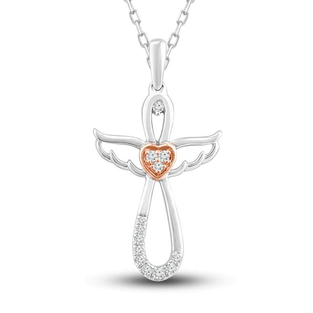 Diamond Cross/Angel Necklace 1/15 ct tw Round-cut Sterling Silver & 10K Rose Gold 18"