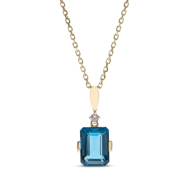 Emerald-Cut London Blue Topaz & Diamond Necklace 10K Yellow Gold 18”