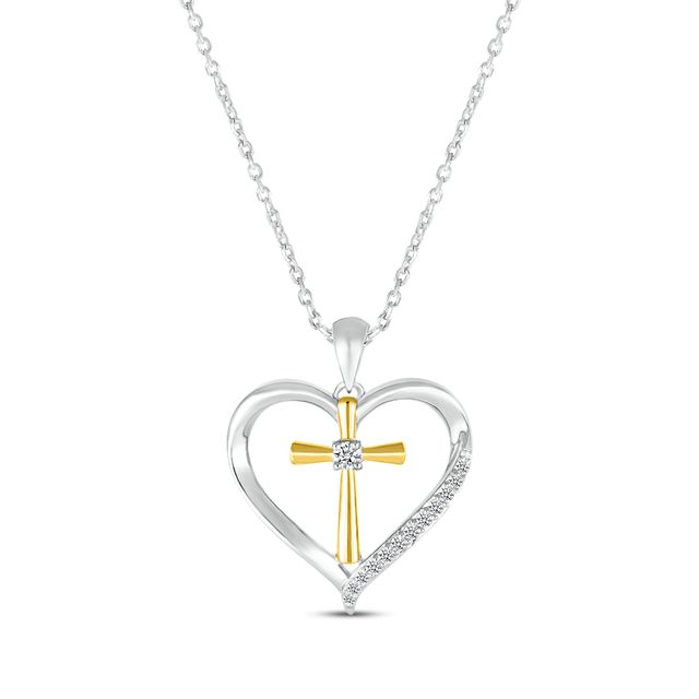 Diamond Heart Cross Necklace 1/8 ct tw Sterling Silver & 10K Yellow Gold 18"
